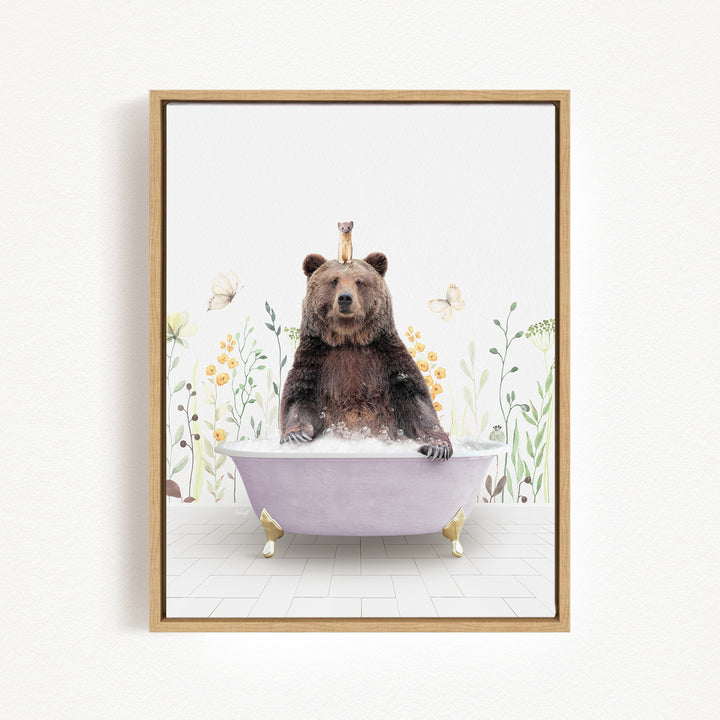 A brown bear sitting in a purple bathtub, surrounded by flowers and butterflies.