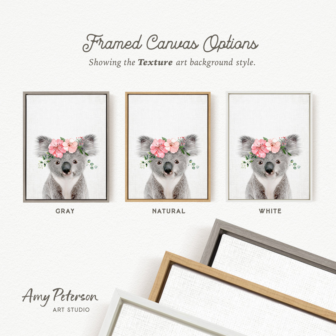 three framed canvas options, each featuring a koala wearing a flower crown. The options include a gray frame, a natural frame, and a white frame. The text above the images reads " Framed Canvas Options" and "Showing the Texture art background style."
