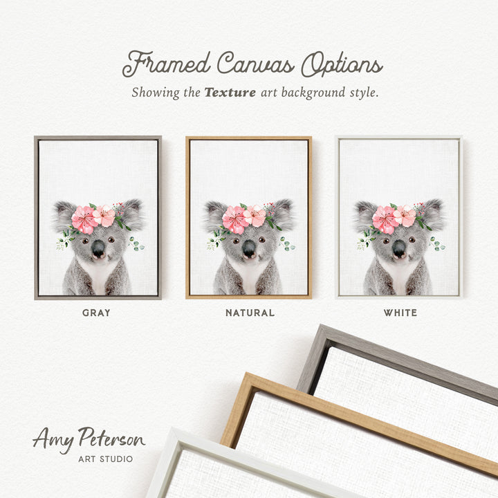 three framed canvas options, each featuring a koala wearing a flower crown. The options include a gray frame, a natural frame, and a white frame. The text above the images reads " Framed Canvas Options" and "Showing the Texture art background style."