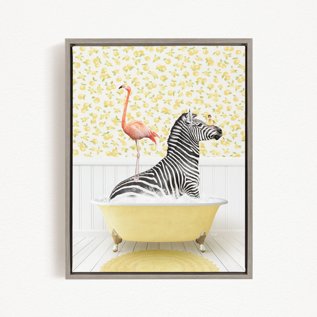 A zebra is sitting in a yellow bathtub, with a pink flamingo standing on its back.