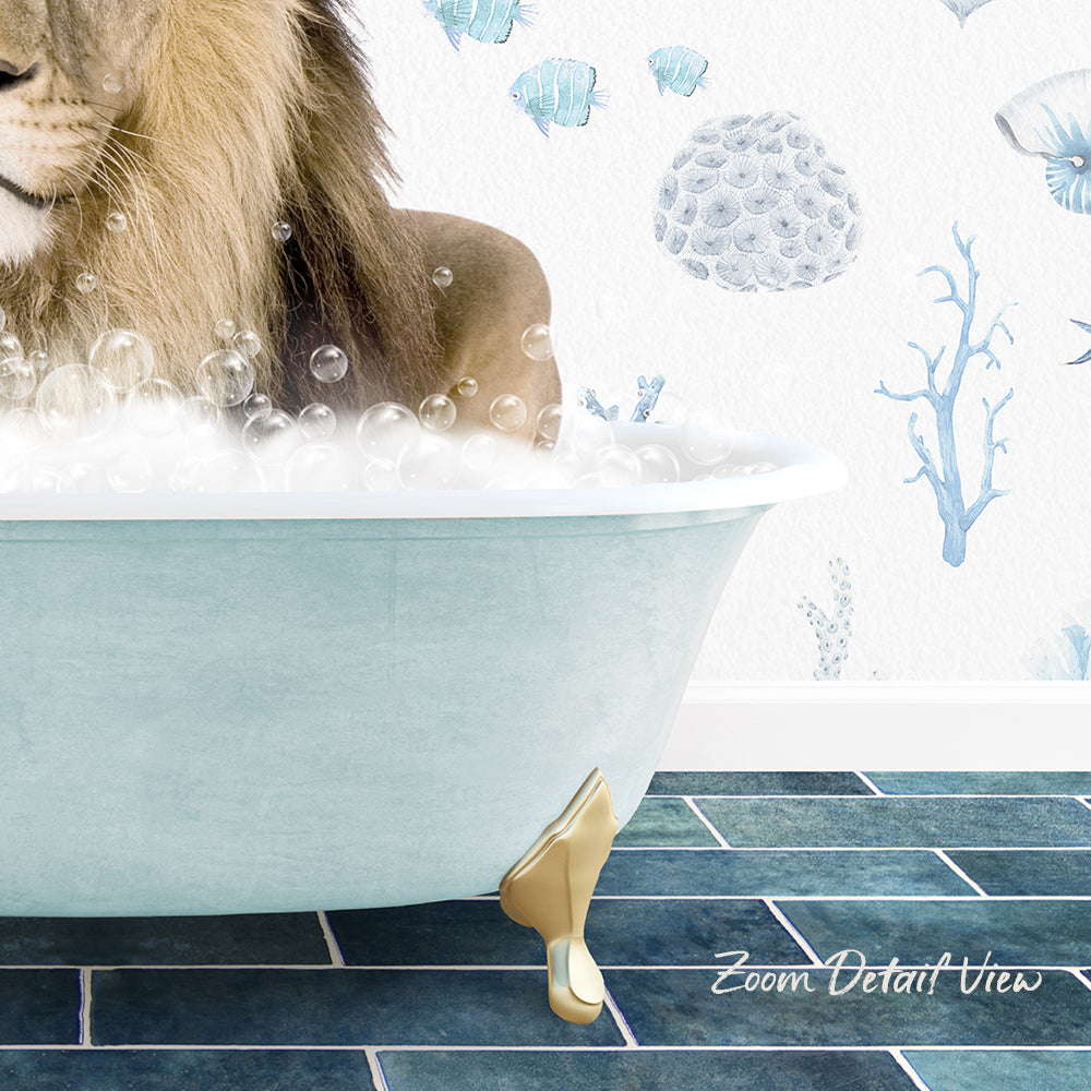 A lion is sitting in a bathtub filled with bubbles, surrounded by a blue and white underwater scene wallpaper.