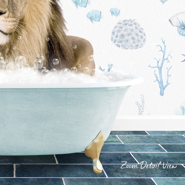A lion is sitting in a bathtub filled with bubbles, surrounded by a blue and white underwater scene wallpaper.