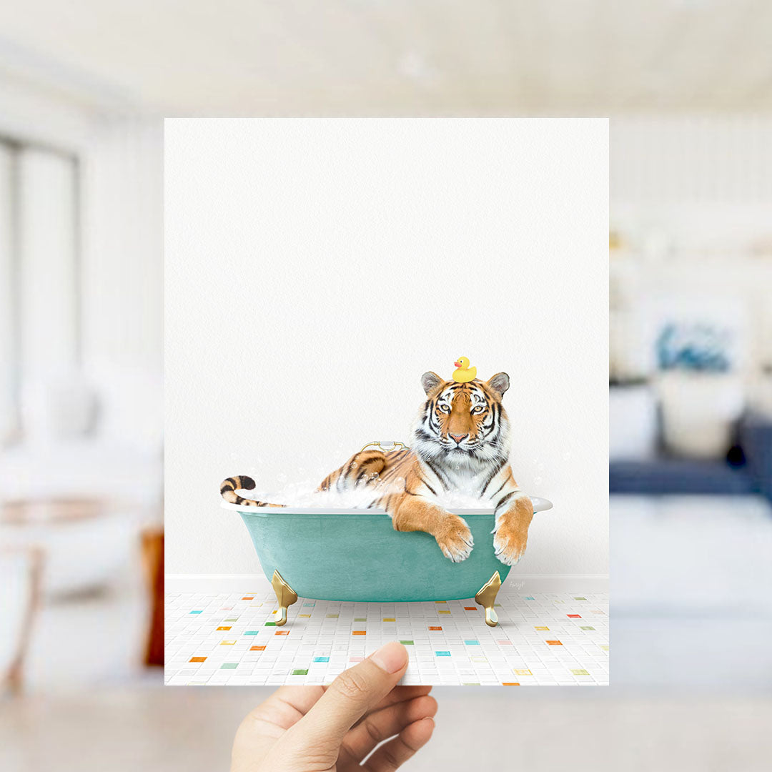 A tiger is sitting in a bathtub filled with water, wearing a crown.