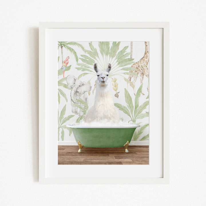 A white llama sitting in a green bathtub, surrounded by a tropical wallpaper with various animals and plants.
