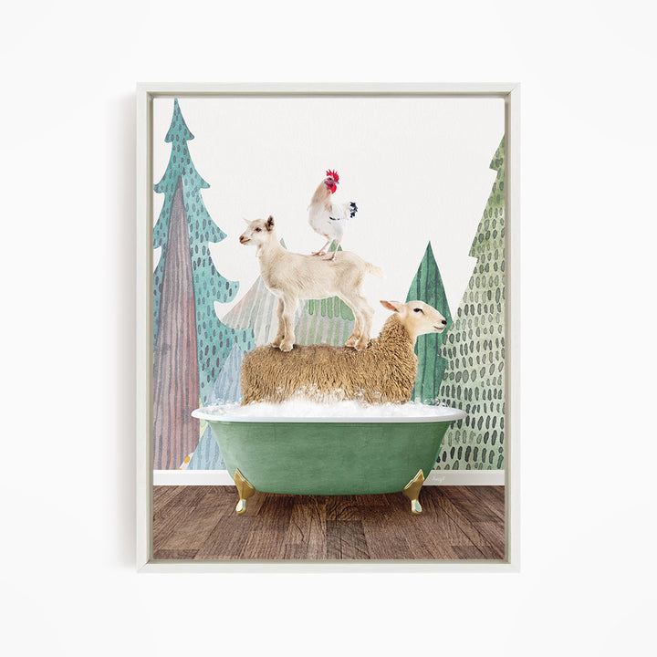 A sheep standing on a bathtub, with a chicken perched on top, and a lamb sitting on the edge of the tub, all against a backdrop of trees.