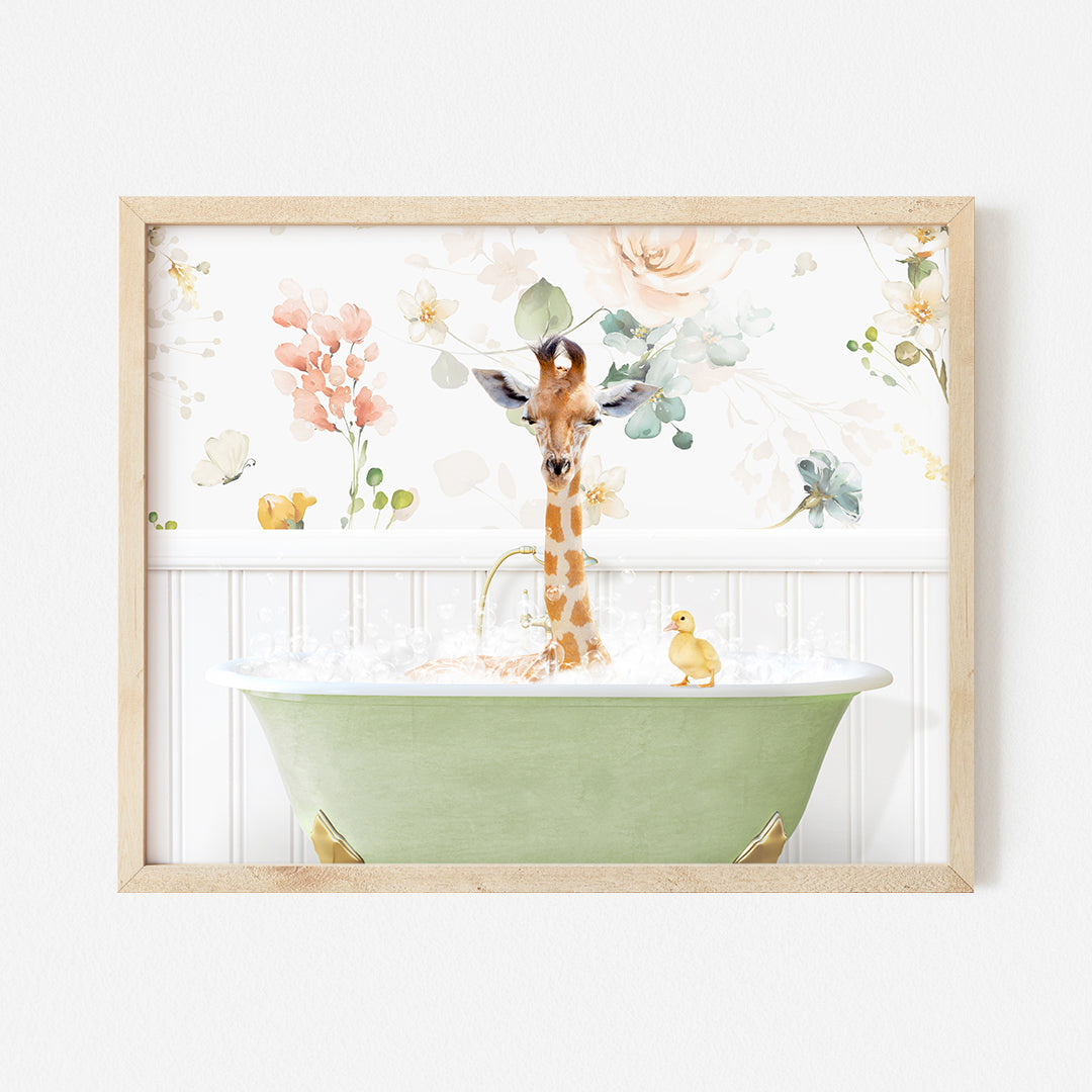 a giraffe in a bathroom with a green bathtub