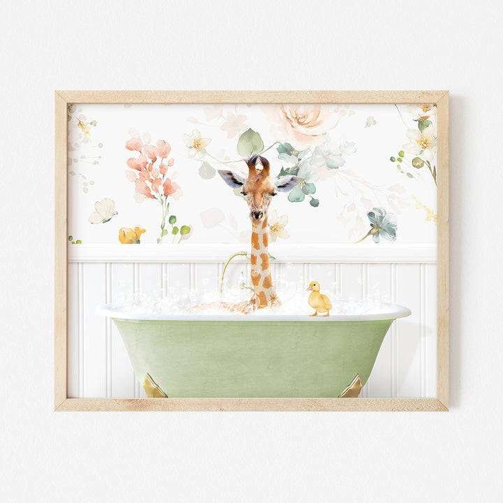 a giraffe in a bathroom with a green bathtub