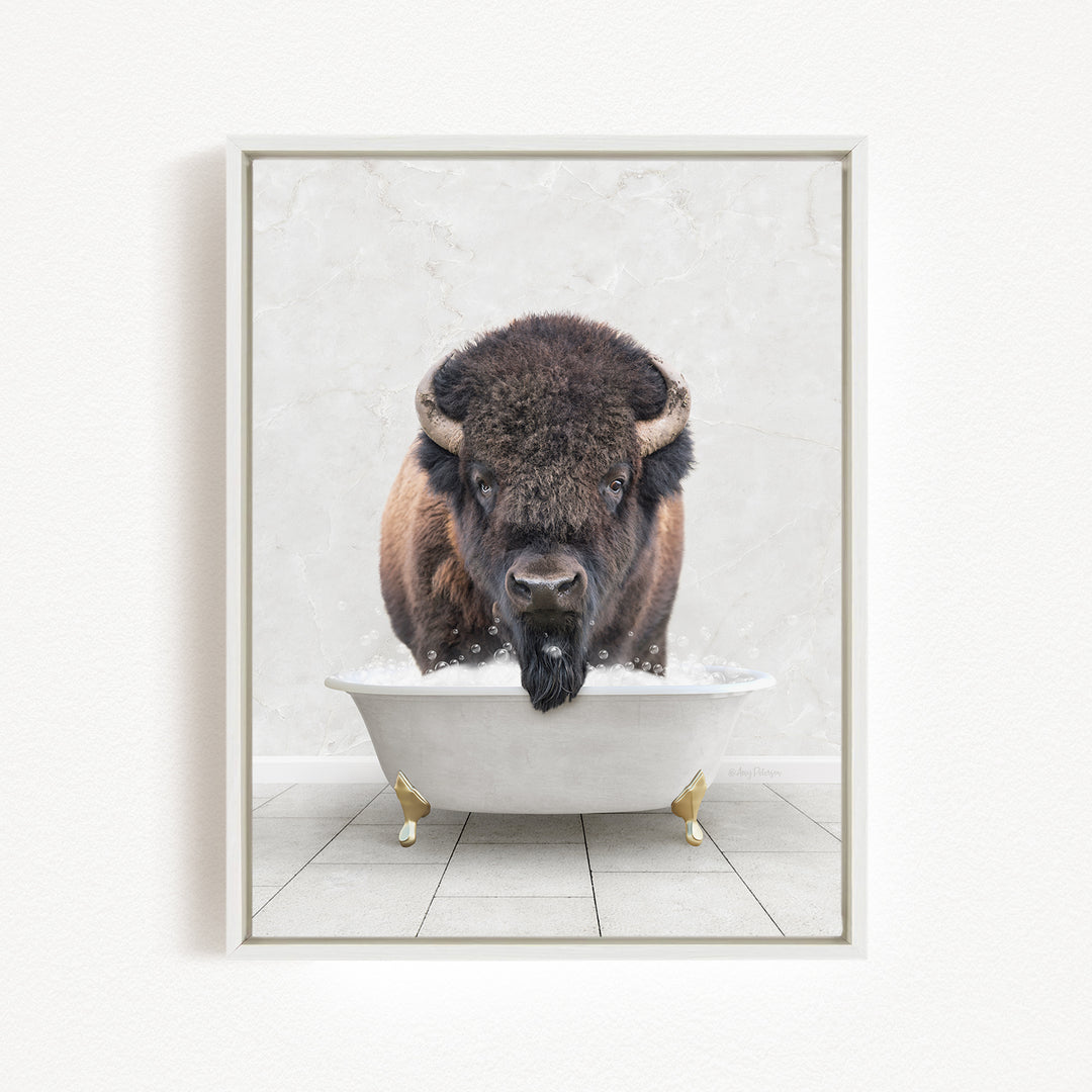 A buffalo with a long, shaggy mane is sitting in a white bathtub, with its head submerged in the water.