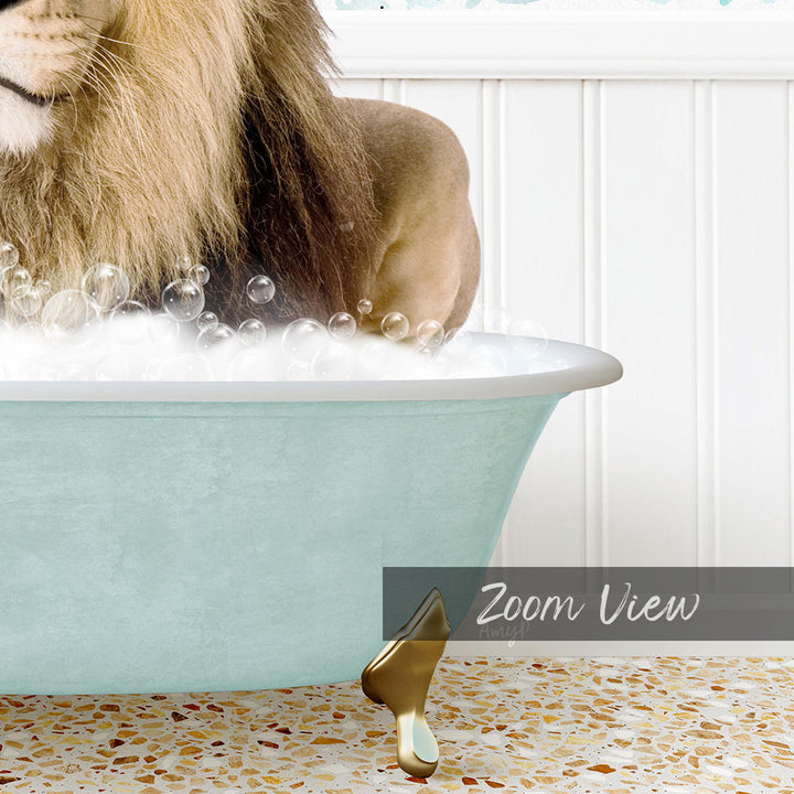 A lion is sitting in a bathtub filled with bubbles, creating a whimsical and playful scene.