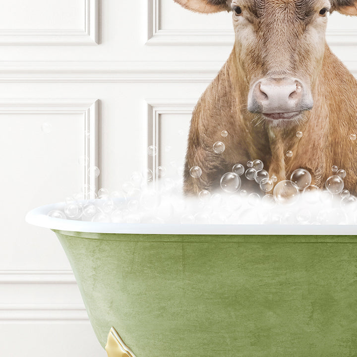 a brown cow sitting in a bath tub filled with bubbles