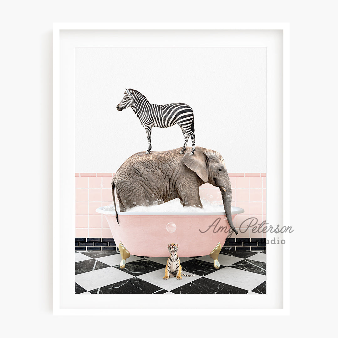 a zebra standing on top of an elephant in a bathtub