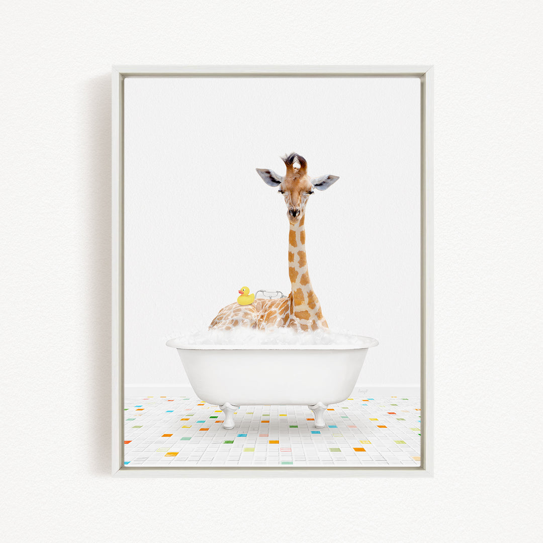 A giraffe is sitting in a white bathtub filled with bubbles, surrounded by a colorful tiled floor.