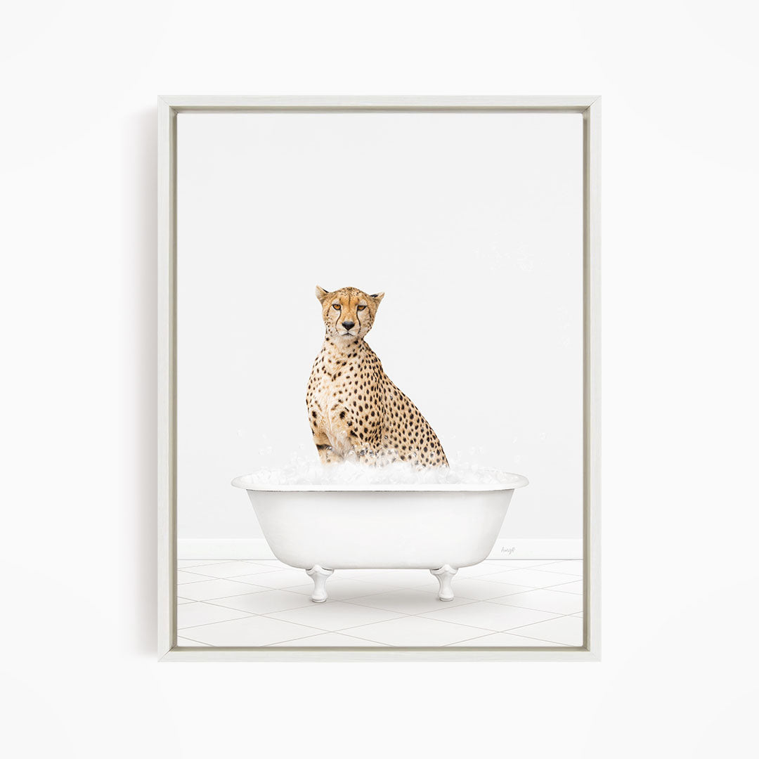 A cheetah sitting in a white bathtub filled with water.