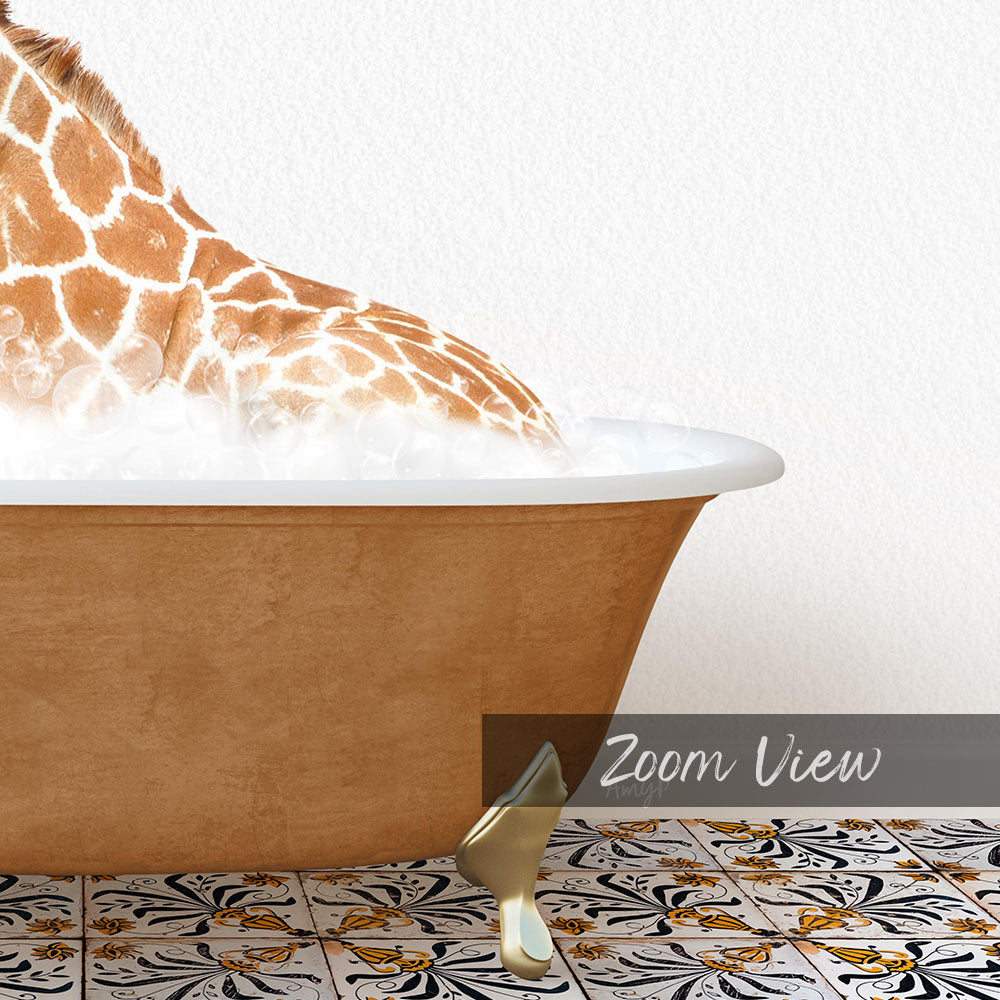 A giraffe is sitting in a bathtub filled with water, surrounded by a patterned tile floor.