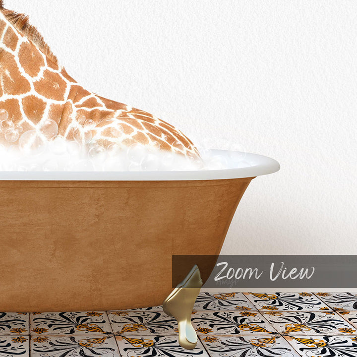 A giraffe is sitting in a bathtub filled with water, surrounded by a patterned tile floor.