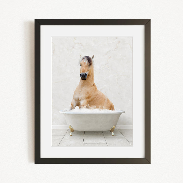 A horse sitting in a bathtub filled with water, creating a whimsical and playful scene.