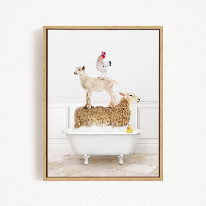 A framed image depicting a goat standing on a sheep's back while a chicken stands on top of a lamb in a bathtub.
