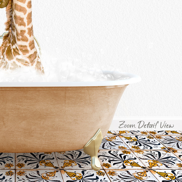 A bathtub filled with water and bubbles, with a giraffe's head and legs partially submerged in the water.