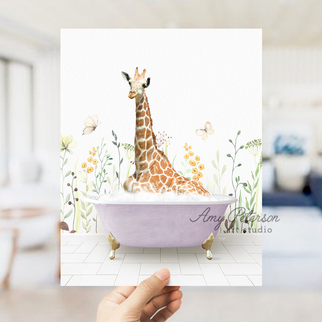 a giraffe sitting in a bathtub with flowers on the wall