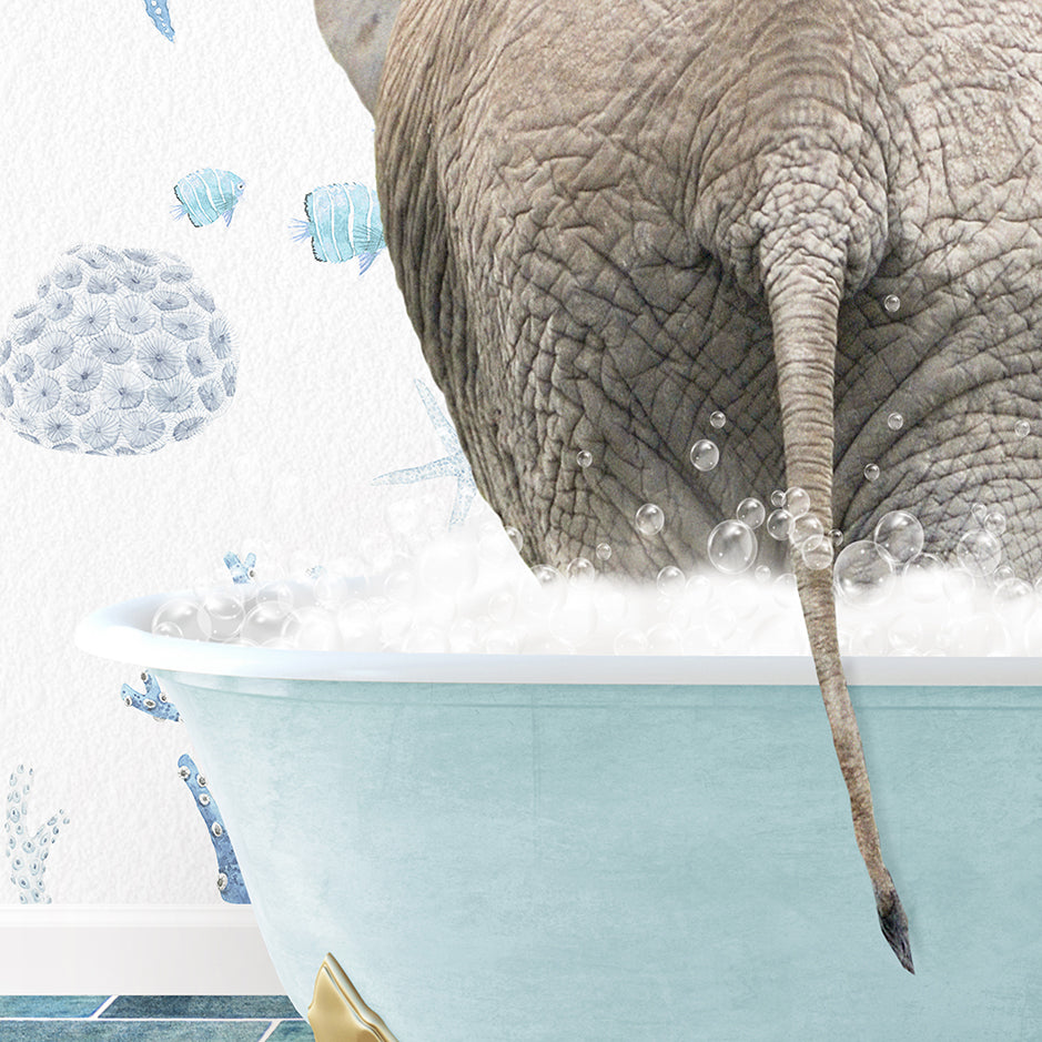 an elephant taking a bath in a blue bathtub