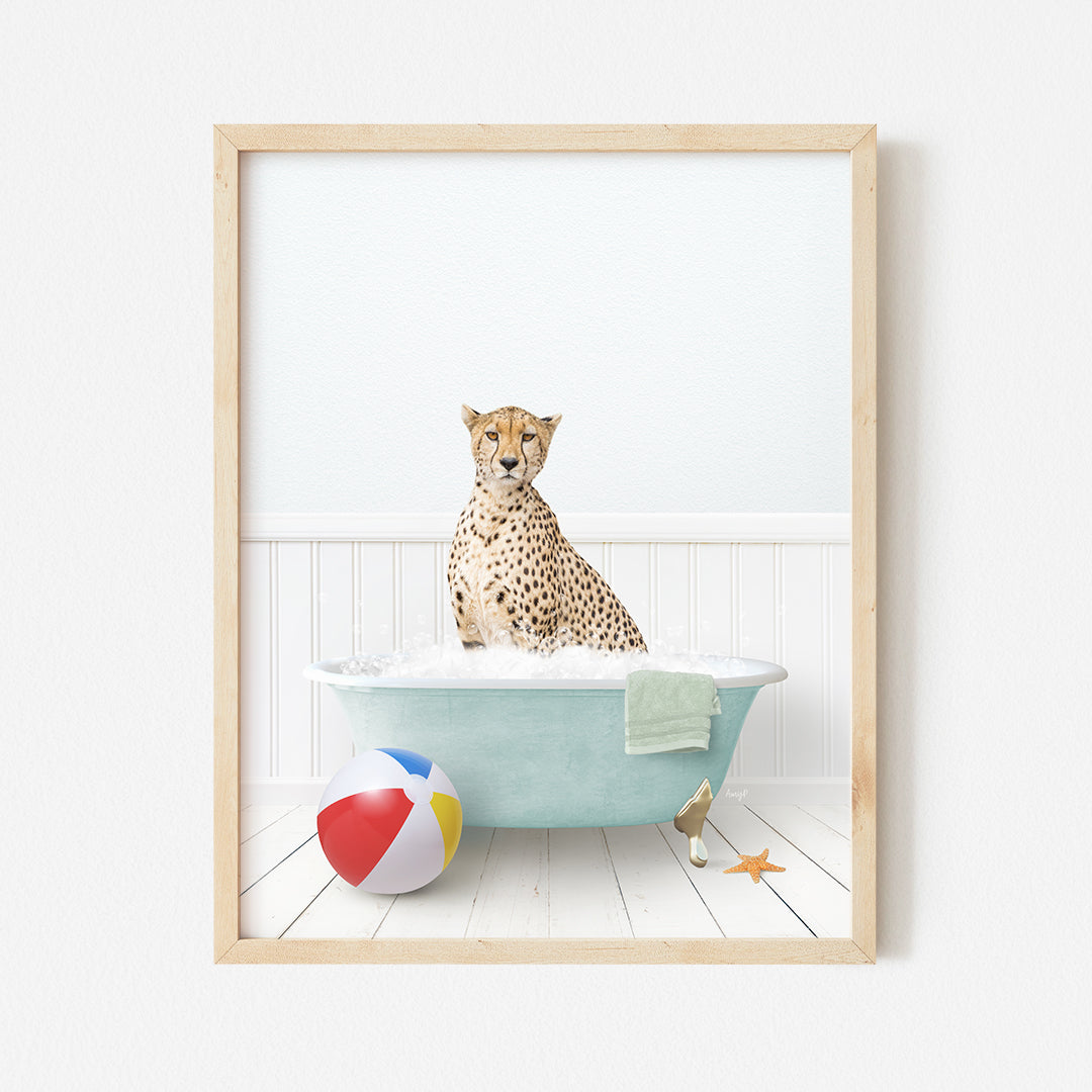 a picture of a cheetah sitting in a bathtub