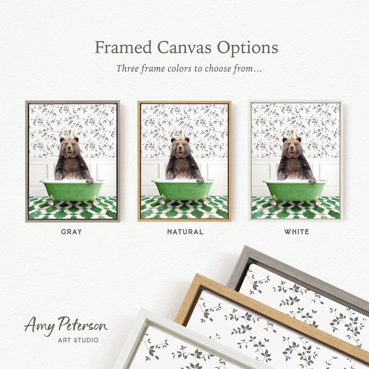 The image is a framed canvas option featuring three different framed pictures of a bear sitting in a green bathtub. The bear is depicted in various colors, including gray, natural, and white. The text above the images reads " framed Canvas Options" and "Three frame colors to choose from...". The bottom of the image includes the text " Amy Peterson ART STUDIO".