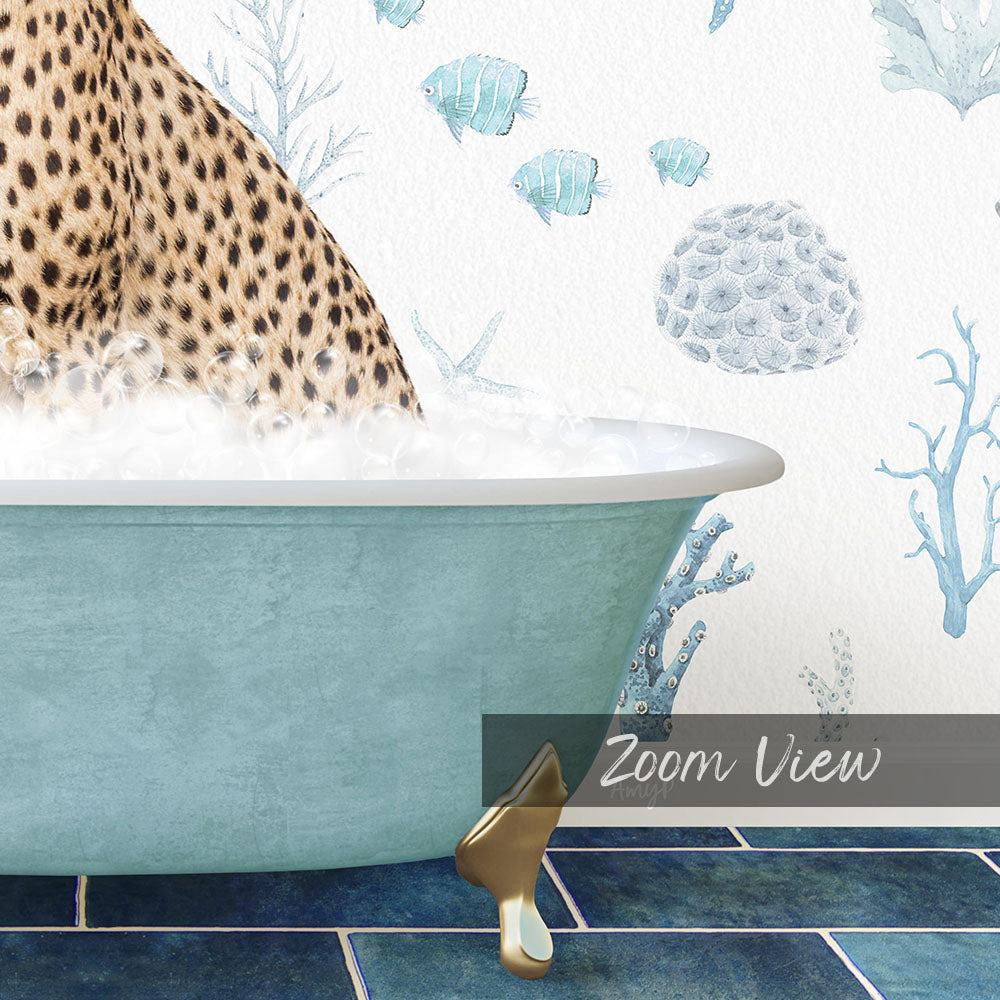 A leopard sitting in a bathtub filled with water, surrounded by marine life and coral designs.