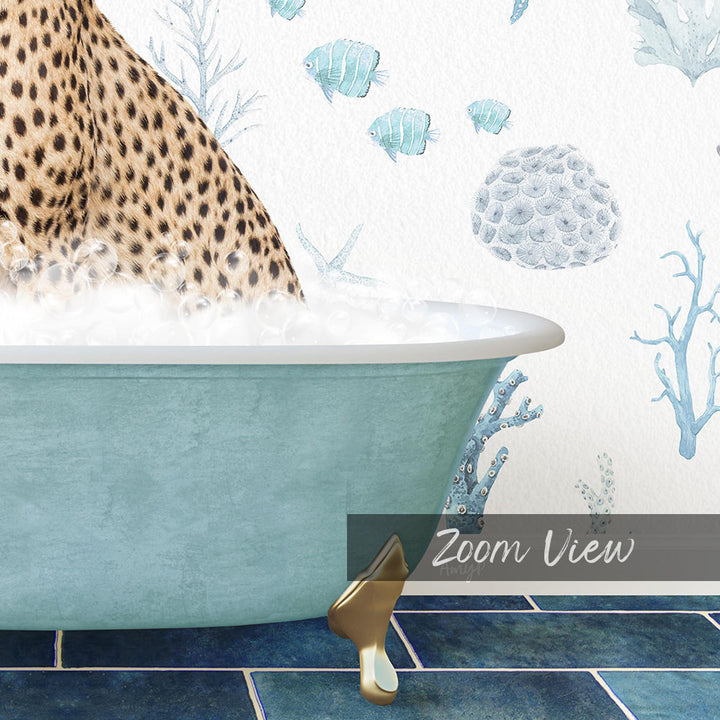A leopard sitting in a bathtub filled with water, surrounded by marine life and coral designs.
