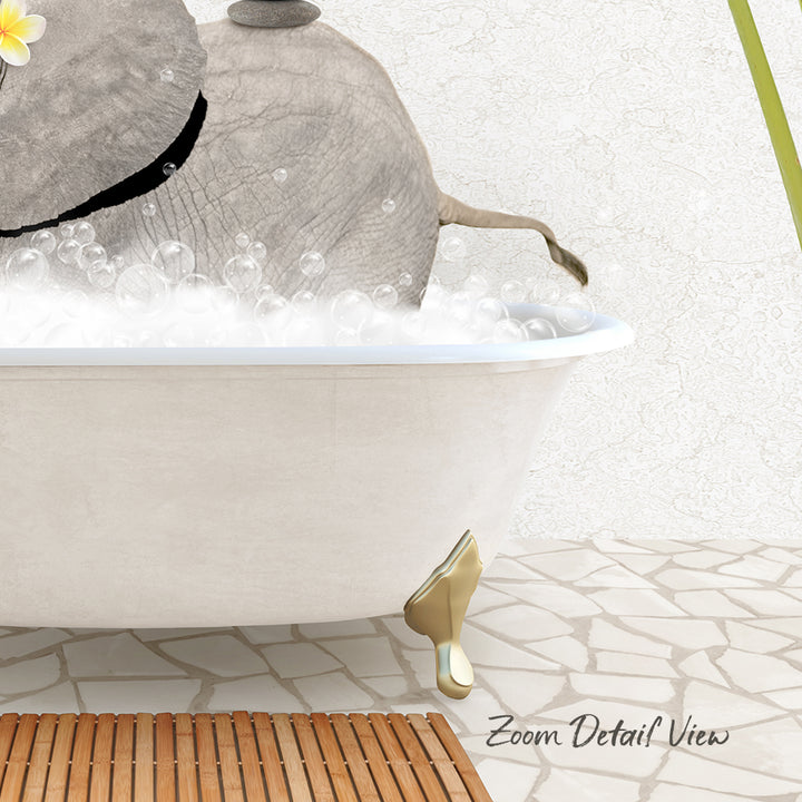 A bathtub filled with bubbles, with a large gray elephant sitting inside and enjoying the bath.