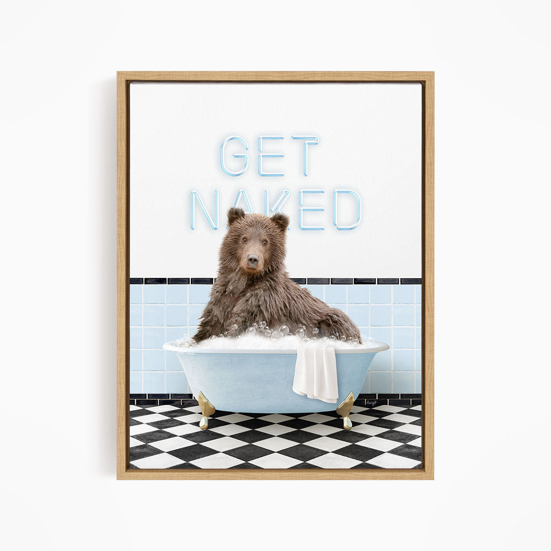 A brown bear sitting in a bathtub with the text "GET NAKED" displayed above it.