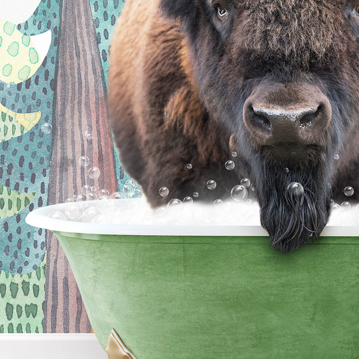 a bison standing in a bathtub with bubbles coming out of it