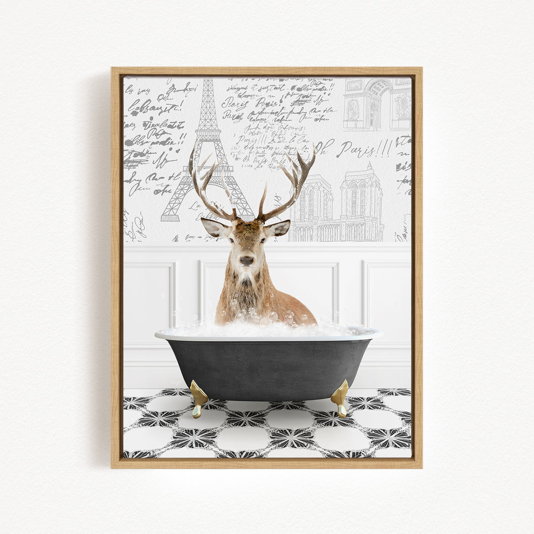 A deer with antlers is sitting in a bathtub filled with water, surrounded by a patterned tile floor and a wall with various inscriptions and illustrations.