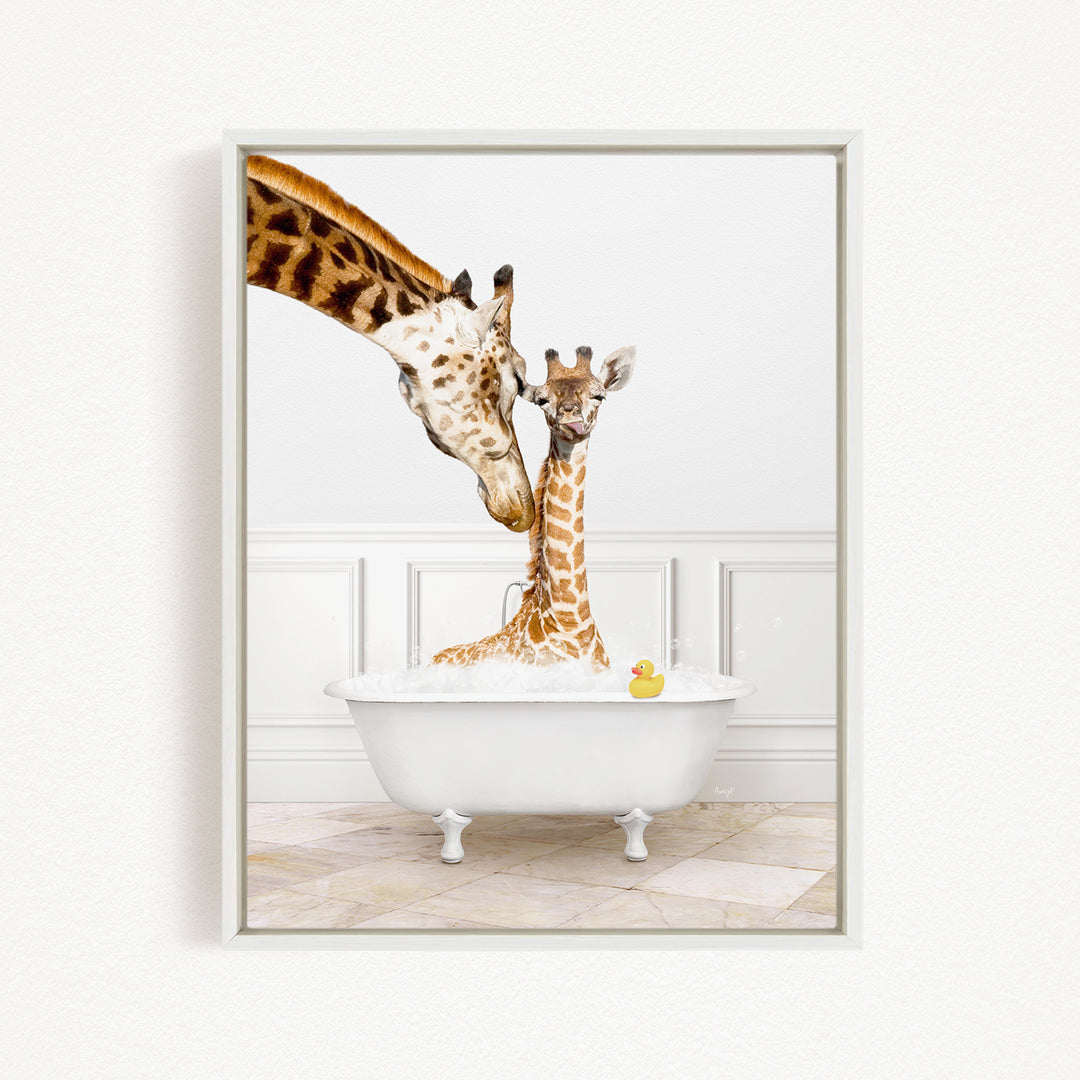 A mother giraffe and her baby giraffe are enjoying a bath together in a white bathtub, with a yellow rubber duck floating in the water.