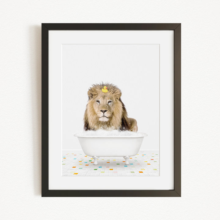 A lion is sitting in a white bathtub filled with bubbles, surrounded by a colorful tiled floor.