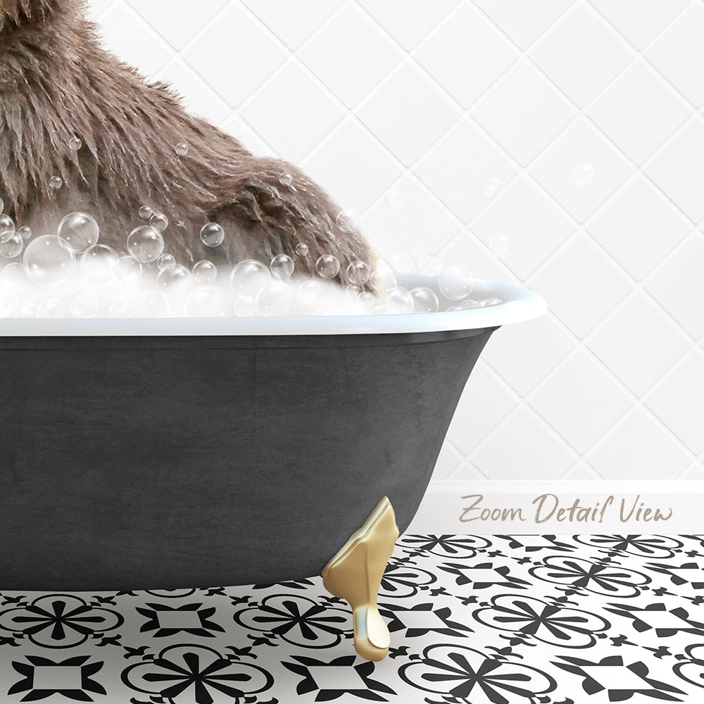 A close-up of a dog's paw submerged in a bathtub filled with bubbles, with a gold bathtub faucet and a patterned tile floor.