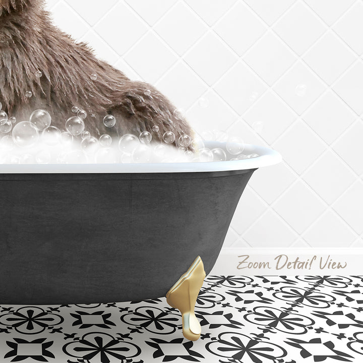 A close-up of a dog's paw submerged in a bathtub filled with bubbles, with a gold bathtub faucet and a patterned tile floor.