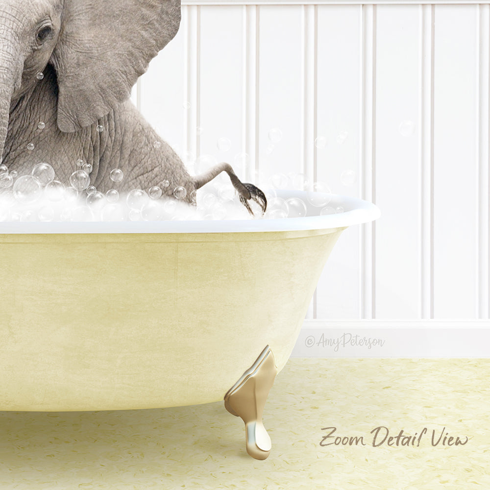 A large elephant is sitting in a bathtub filled with bubbles, with its trunk submerged in the water.