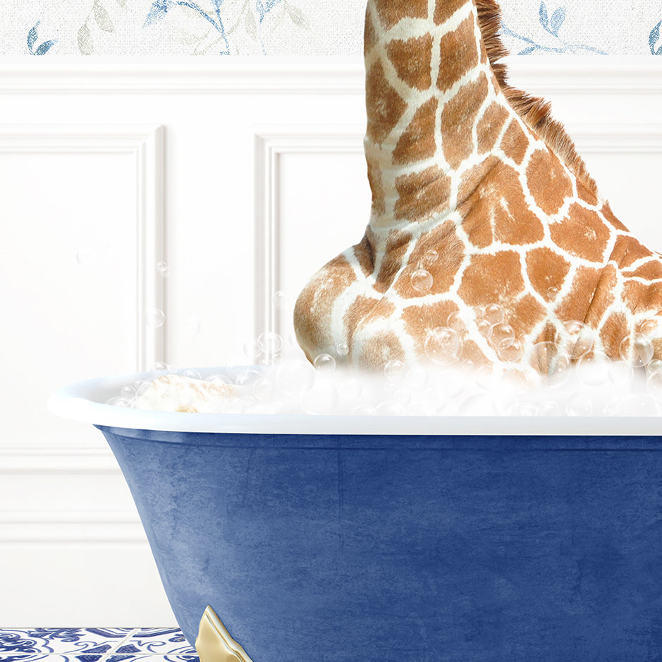 a giraffe sticking its head out of a bathtub