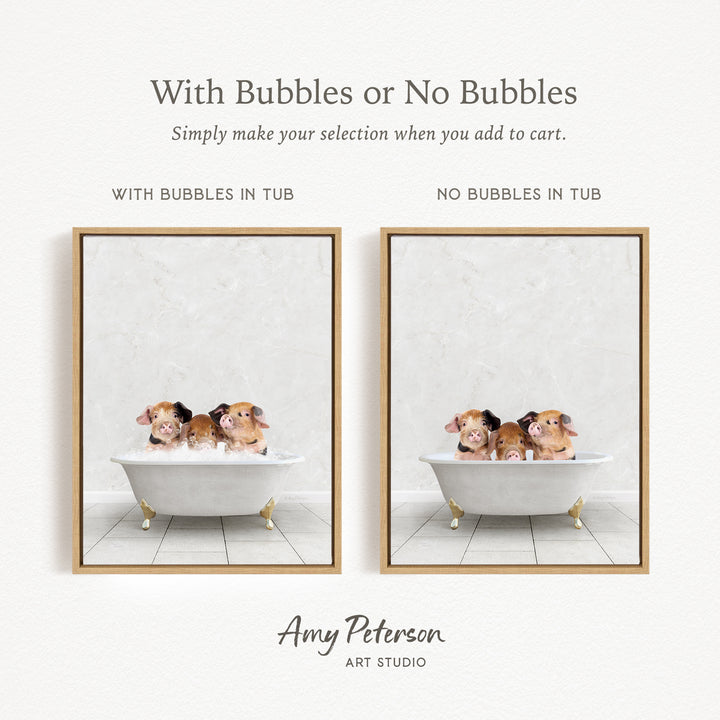 The image is a collage of two framed pictures, each depicting a group of small animals, likely rodents, sitting in a bathtub. The text above the images reads "With Bubbles or No Bubbles" and below the images, it says "Simply make your selection when you add to cart."