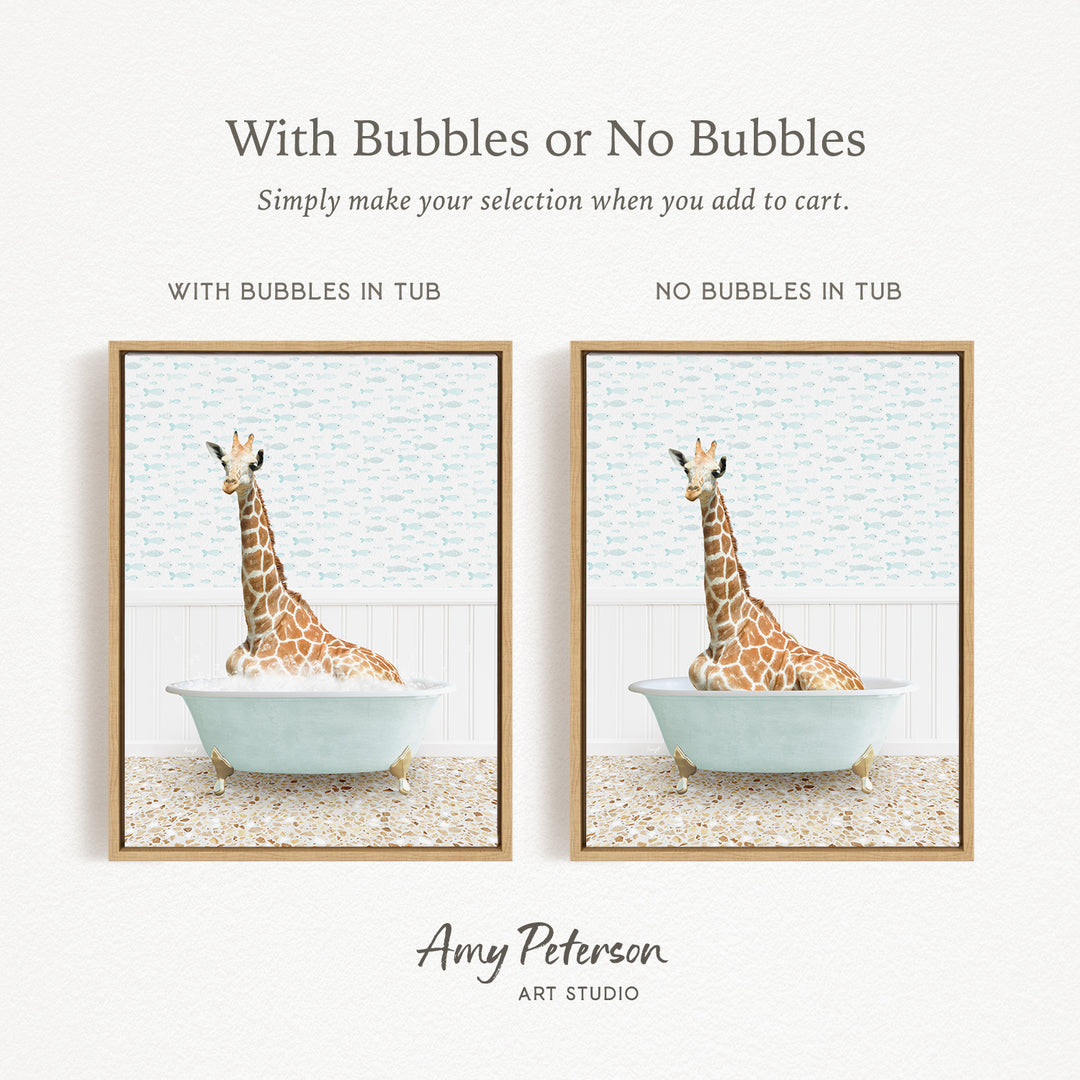 The image is a framed print featuring a giraffe sitting in a bathtub, with the text "With Bubbles or No Bubbles" above the images.