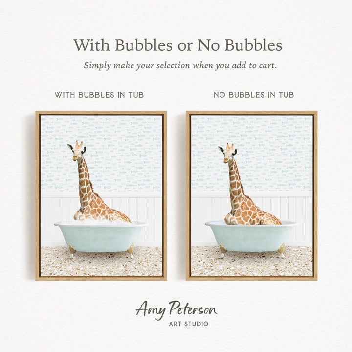 The image is a framed print featuring a giraffe sitting in a bathtub, with the text "With Bubbles or No Bubbles" above the images.