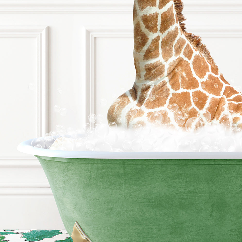 a giraffe sticking its head out of a bathtub