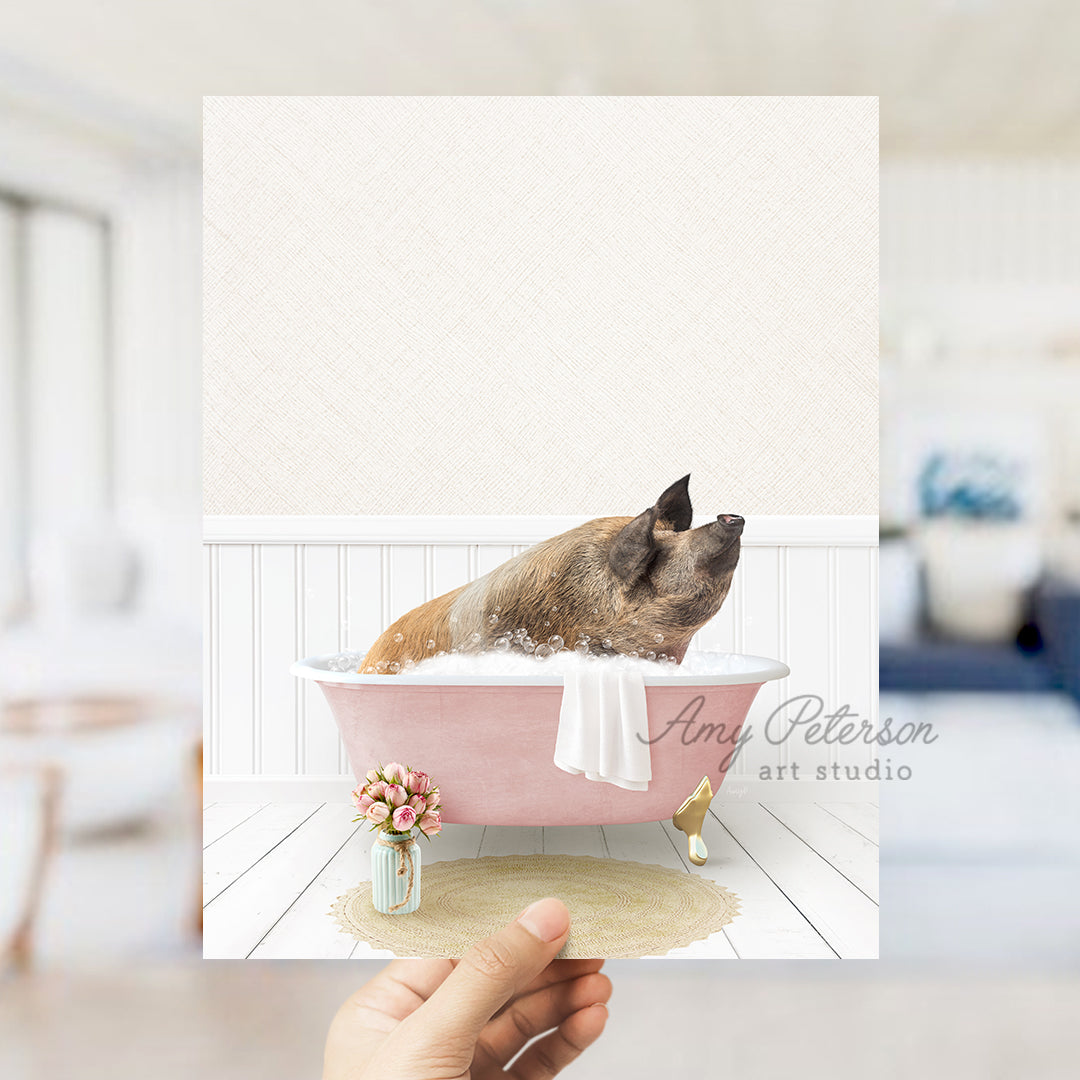 a dog taking a bath in a pink bathtub