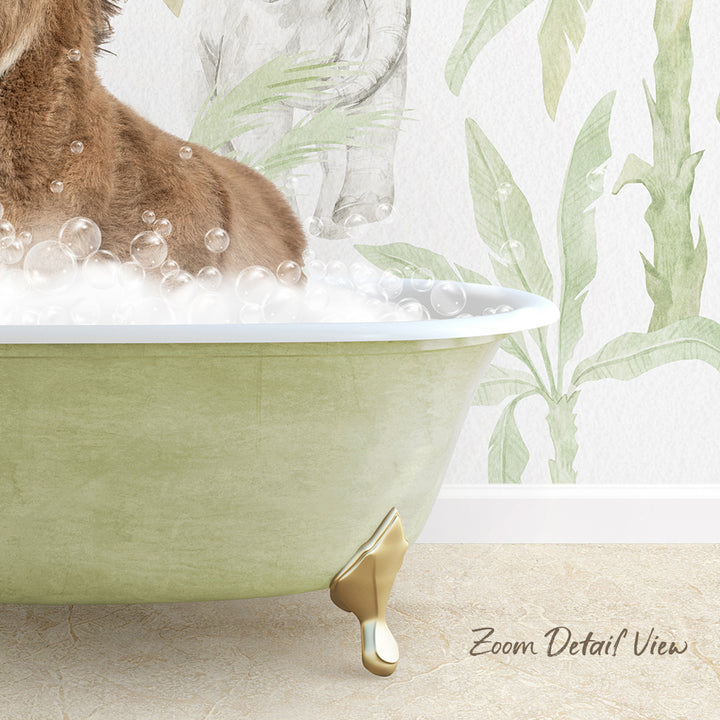 A dog is sitting in a green bathtub filled with bubbles, with a tropical plant wallpaper in the background.