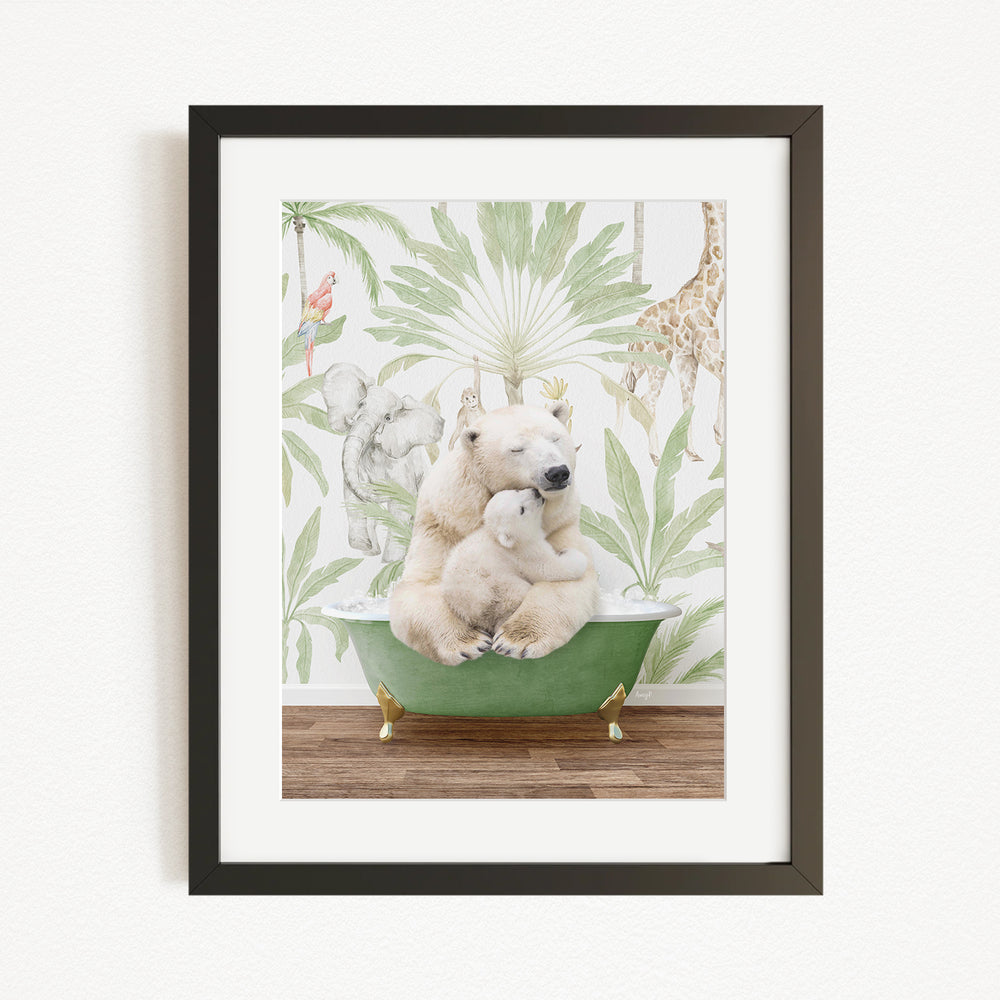 A framed image depicting a polar bear sitting in a bathtub, surrounded by a tropical jungle scene with giraffes and other animals.