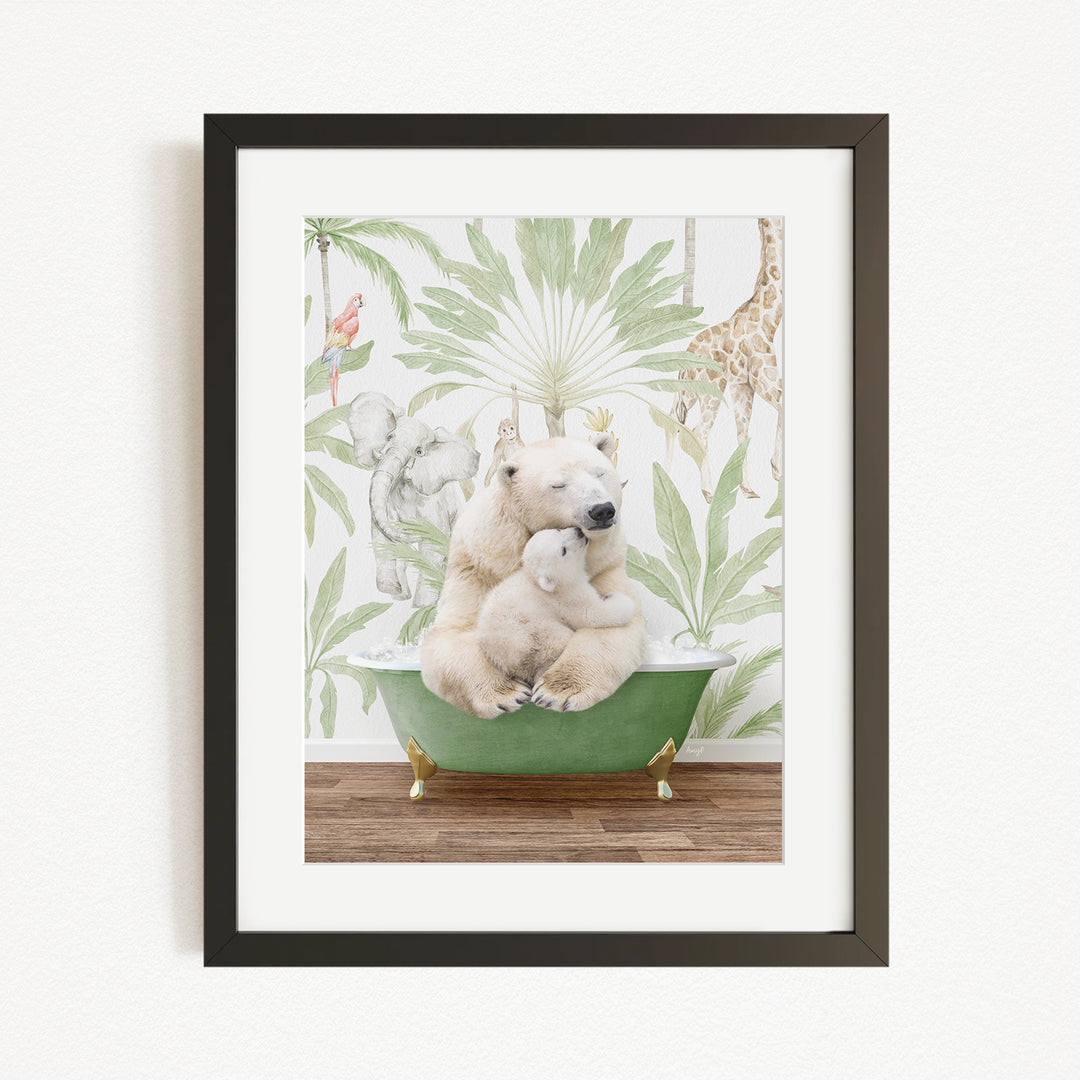 A framed image depicting a polar bear sitting in a bathtub, surrounded by a tropical jungle scene with giraffes and other animals.