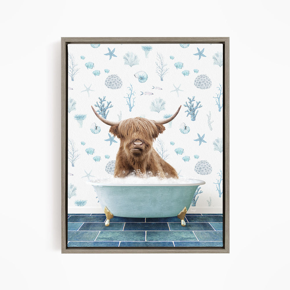 A brown cow with horns is sitting in a blue bathtub filled with bubbles, surrounded by a pattern of blue and white seashells and starfish.