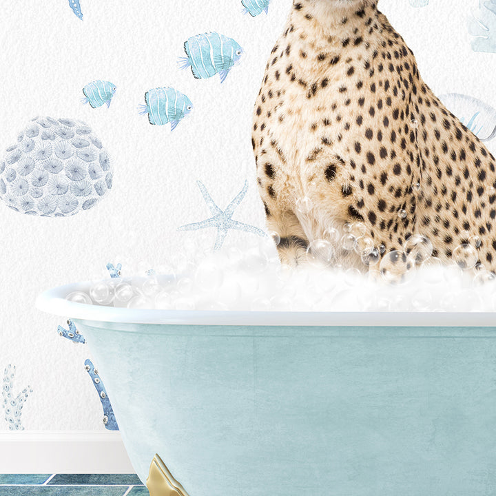 a cheetah sitting in a bathtub with bubbles