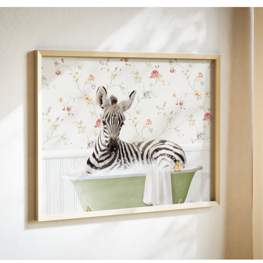 A zebra is sitting in a green bathtub, surrounded by a floral wallpaper.