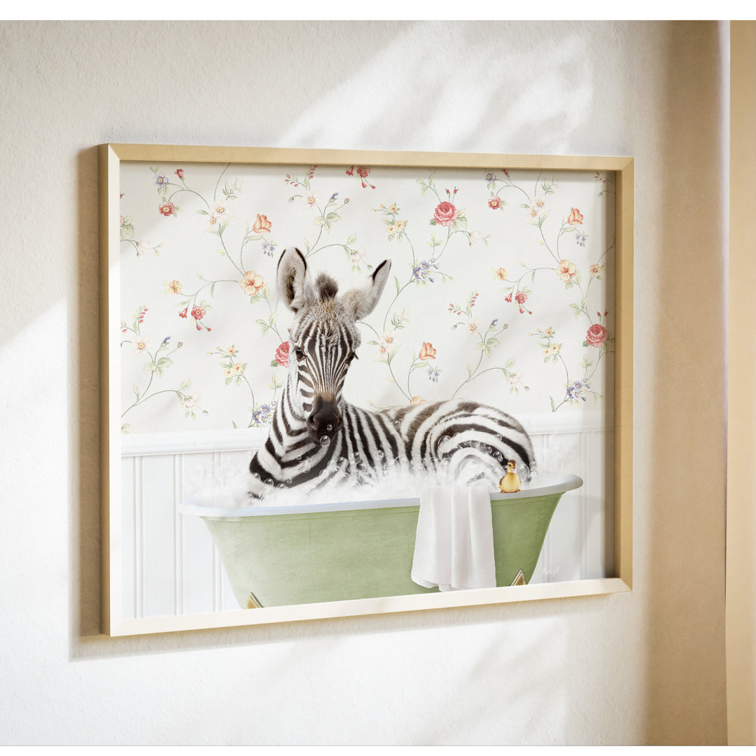 A zebra is sitting in a green bathtub, surrounded by a floral wallpaper.